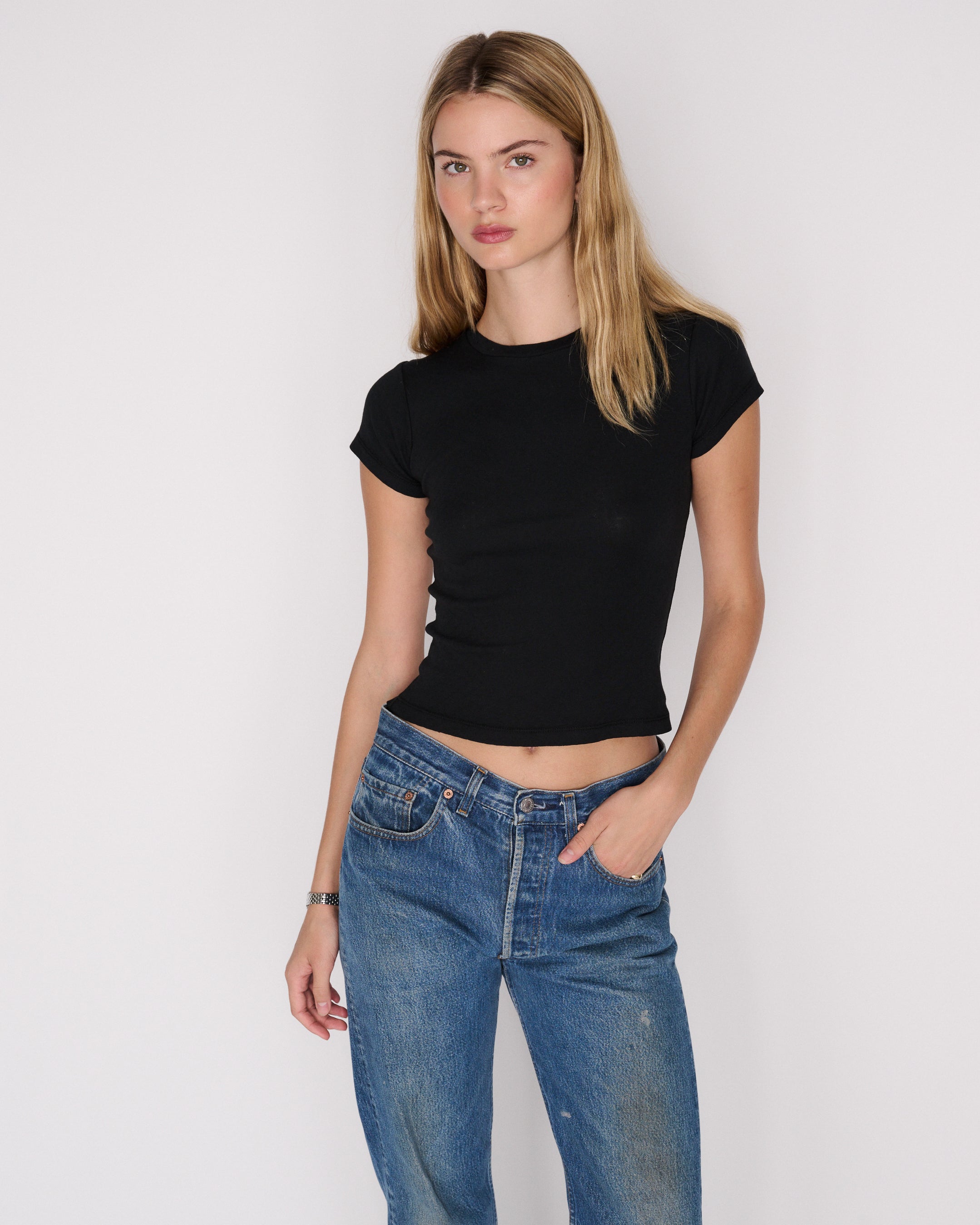 RLT POINTELLE BABY TEE —  BLACK