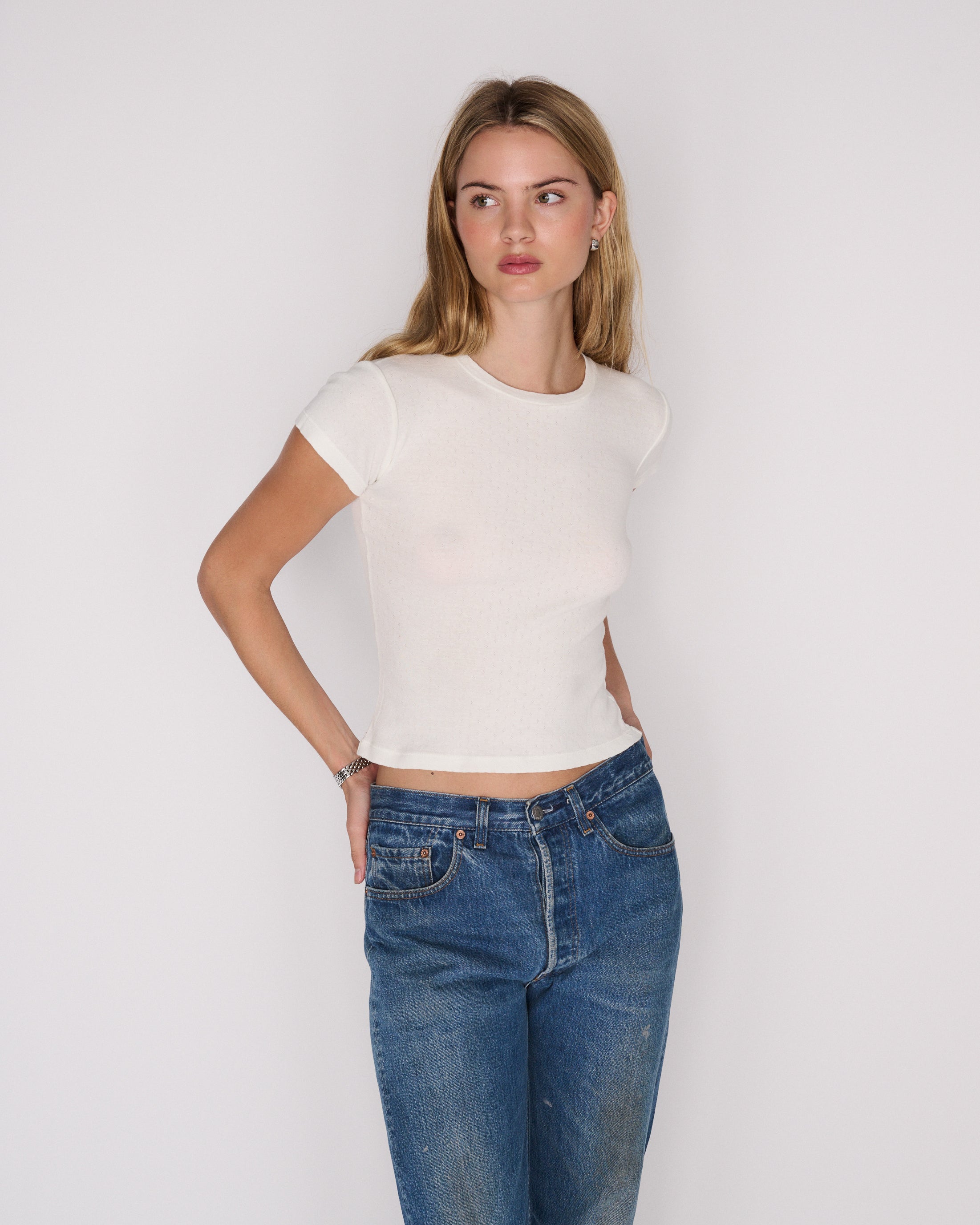 RLT POINTELLE BABY TEE — WHITE